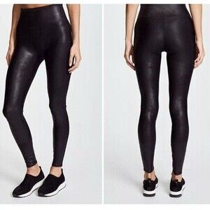 SPANX Faux Leather Leggings Womens XS Black Shaping Waistband Comfy Yoga Pull On
